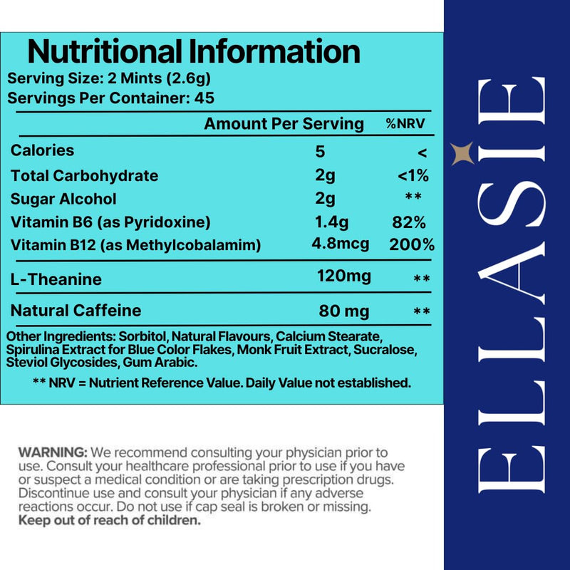NeuroCharge Bullet Mint Chews (Gum Alternative) Peppermint 90 Sugar Free | 80mg Natural Caffeine + 120mg L-Theanine per Serving | Vitamin B12 & B6 | Work Study Gym Gaming | Ellasie
