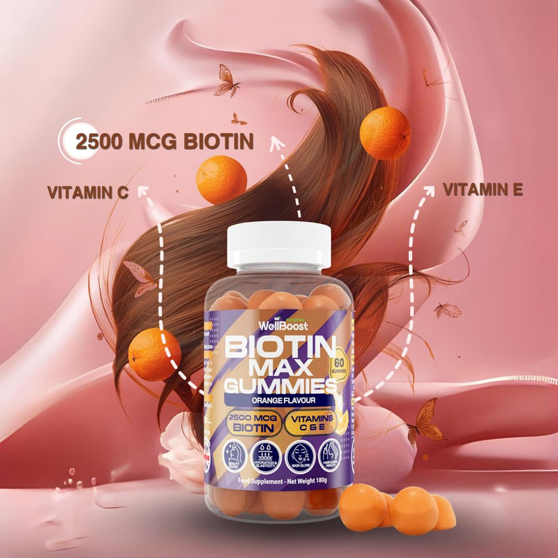 WellBoost Biotin Gummies – 2500mcg Biotin, 25mg Vitamin C & 6.2mg Vitamin E – Vegan with Orange Flavour – Hair, Skin & Nails Support – Adults (1 Month Supply)