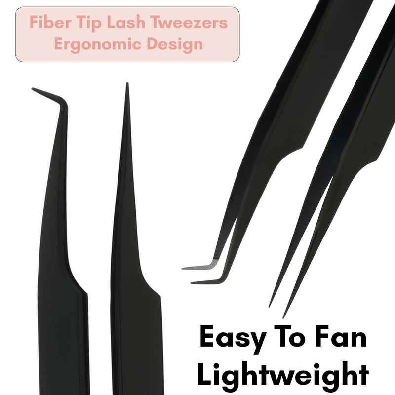 2Pcs Fiber Tip Lash Tweezers for Eyelash Extensions and Straight Isolation Tweezer Set – Professional Precision Fan Making, Mega Volume Boot Lashing, Classic & Mink Eyelashes, Black 2PCS SET Black Tweezers Set/Mlt07-3)