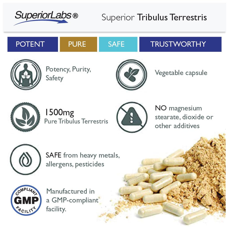 [Australia] - Superior Labs - Tribulus Terrestris - Performance Support & Cortisol Blocker with 45% Saponins, High Potency & Pure 1500mg Dosage, 180 Vegetable Caps - Supports Vitality - with Added BioPerine¬Æ 