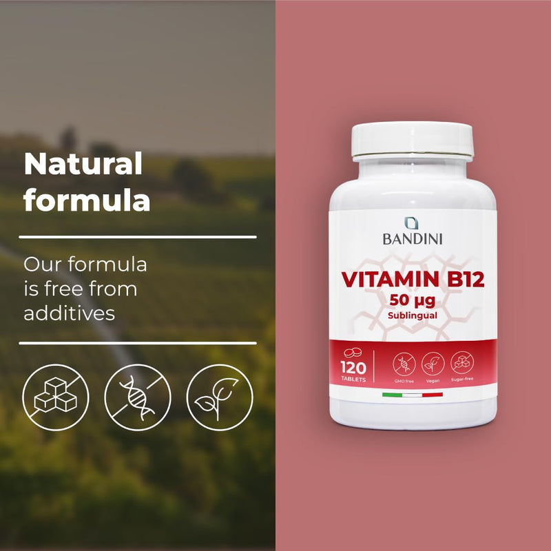 Bandini® Vitamin B12-120 High Strength Sublingual Tablets - Cyanocobalamin 50µg - VIT B-12 Supports Energy, Metabolism, Reduces Tiredness & Fatigue - for Vegetarian & Vegan, Non-GMO Supplement