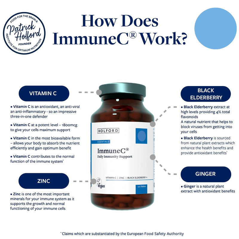 Patrick HOLFORD ImmuneC / 1800mg Vitamin C & Zinc Supplement/for Immunity and Health Support / 5 Nutrients/Nutrition Expert Formulation/Naturally Sourced / 120 Tablets/Vegan/for Women & Men