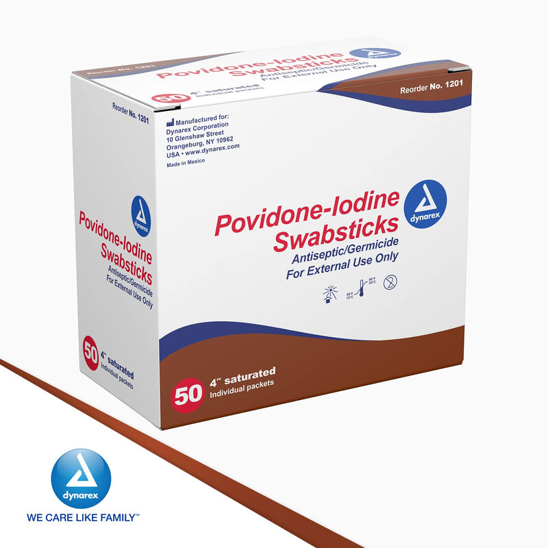 [Australia] - Dynarex Povidone Iodine Swabsticks, Swabstick Packaged in Individual Foil Pack, Antiseptic for Skin Preparation, Brown, 1 Box of 50 Dynarex Povidone Iodine Swabsticks Unflavored 1 Count (Pack of 50) 