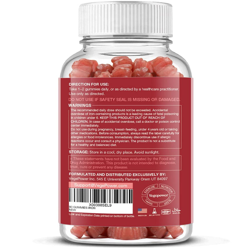 Vegan Iron Gummies Supplement for Adults & Kids, Peach, 90 Ct | with Vitamin C, A, B-Complex, Folate, Zinc - Healthy Blood & Energy Support for Iron Deficiency, Anemia, No Gelatin, Non-GMO 90 Count (Pack of 1)