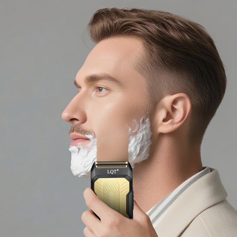 [Australia] - LQTⓇ Mini Foil Shaver, Portable Cordless Electric Shaver for Men, Equipped with a Set of Replacement Heads, USB-C Charging Cable, and Cleaning Brush, Suitable for Travel and Home use. (Golden) Golden 
