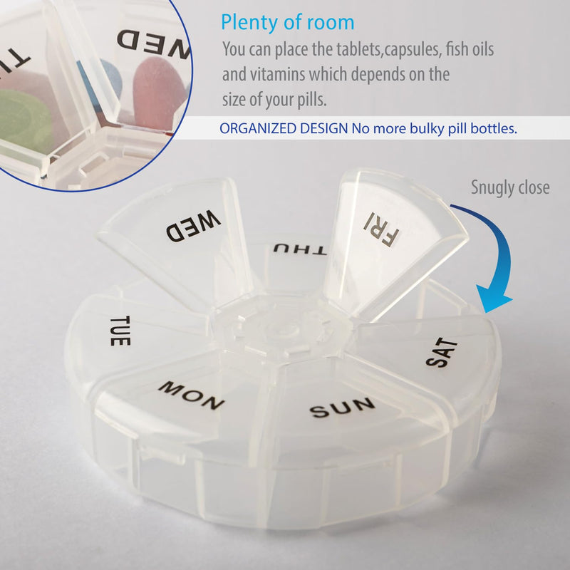 Deke Home - Round Portable Pill Box, Medicine Planner, Small 7 Day Weekly Travel Container, Medication, Vitamin Holder, Pillbox Organizer, Pill Dispenser, Daily Sorter & Reminder, BPA Free Clear 1 Count (Pack of 1)