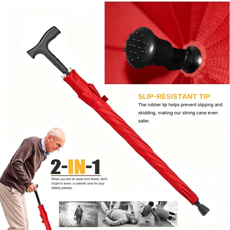 2-in-1 Walking Sticks Umbrella - Windbreak Ribs Walking Cane Umbrella Lightweight, Windproof, Heavy-Duty Frame- Ideal Father's Gift for Climbing, Hiking, Hanging Out on Raining Red