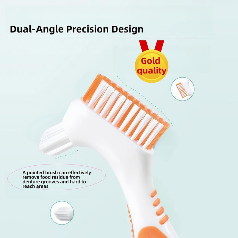 [Australia] - Denture Cleaning Brushes 2-Pack with Dual-Angle Heads - Soft Nylon Bristles & Ergonomic Grip, Travel Brush Kit for Seniors (Orange/Blue) | Denture Care Essentials, Heartwarming Gift for Elderly Orange/Blue 