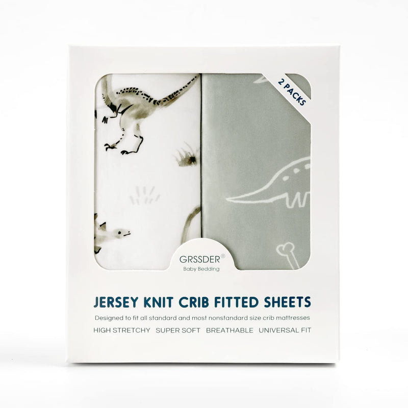 [Australia] - GRSSDER Stretch Ultra Soft Jersey Knit Fitted Crib Sheets Set 2 Pack，Fit All Standard Crib Mattress Pads Safe and Snug, Crib Fitted Sheet for Baby, Dinosaur 