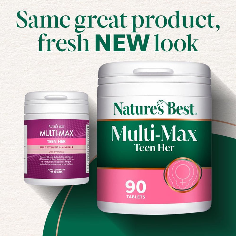 Nature's Best Multi-Max Multivitamin for Teen Her - Growth & Development Support for Girls 13-19 - with Iron, Vitamin B6 & Vitamin C - UK Made - 90 Tablets (3 Months' Supply)