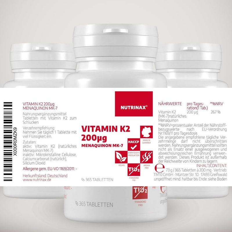 [Australia] - NUTRINAX | Vitamin K2 200 µg | 365 tablets | Menaquinone MK7 | vegan & lactose-free | without magnesium stearate | made in Germany | Annual pack 