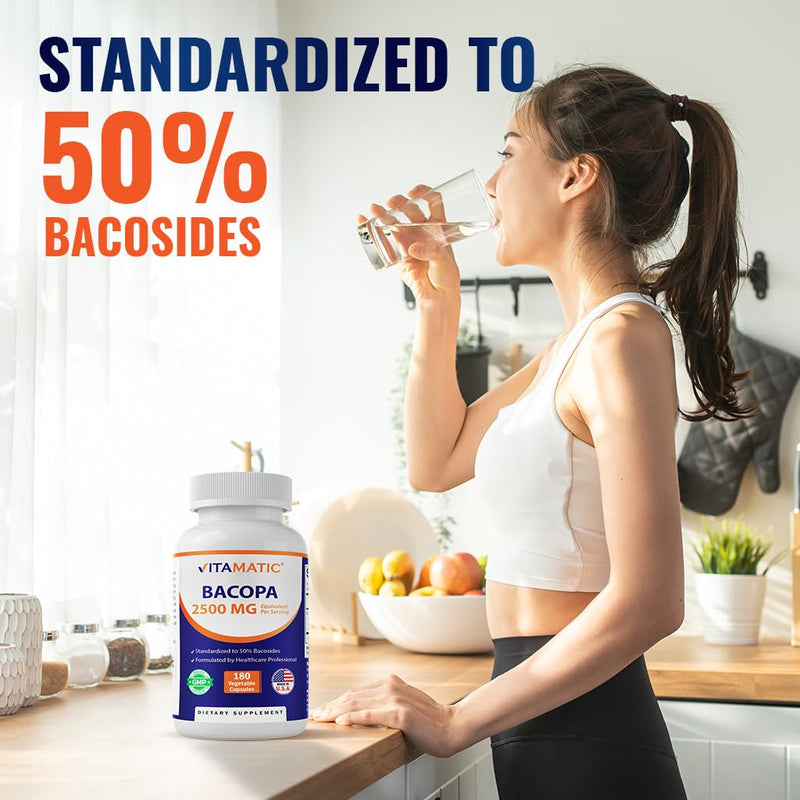 [Australia] - Vitamatic Bacopa Monnieri 2500 mg Equivalent Per Serving (from 10:1 Extract 250 mg) Nootropic Herbal Supplement - 50% Bacosides, Non-GMO & Gluten Free - 180 Vegetable Capsules 