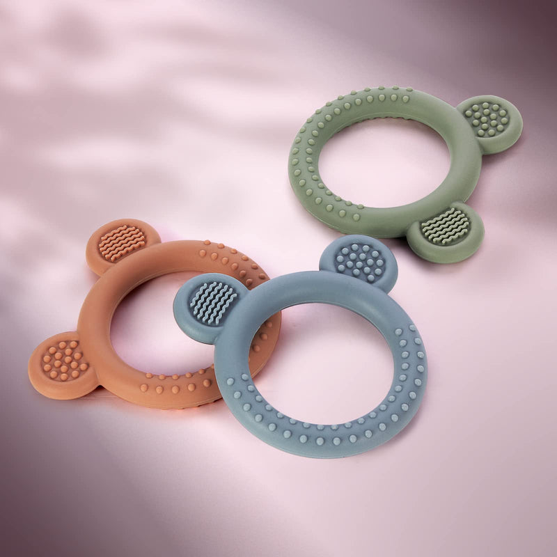 [Australia] - Baby Teething Toys for Babies 0-6 Months Set of 3, Baby Toys 6 to 12 Months, BPA Free Soft and Textured Bear Ring Silicone Teether Relief Soothing Sore Gums Chew Infant Toys 