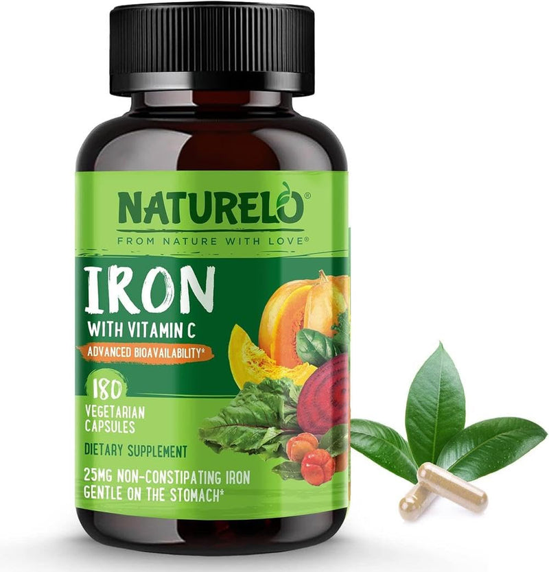 Iron Supplement Bisglycinate 25mg + Vitamin C | 180 Mini Vegan Capsules (6 Month Supply) | Gentle Iron for Women & Daily Use | Vegan Iron Capsules with Whole Food Blend | NATURELO 180 count (Pack of 1)