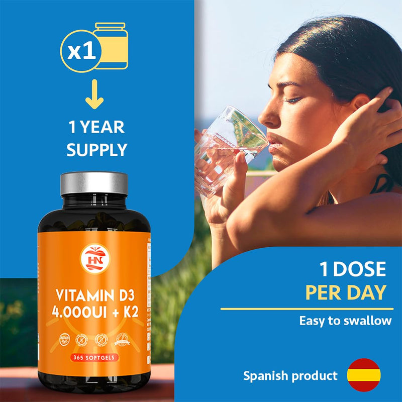 Vitamin D 365 Capsules - Vitamin D3 K2 Capsules – High-Strength Vitamin D3 4000 IU – Supports Immune System and Bone Health