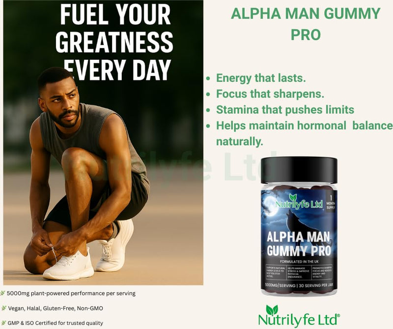Alpha Man Gummy Pro – 5000mg High Strength Energy, Stamina & Vitality Gummies for Men with Maca, Ashwagandha, Rhodiola, Ginseng & Shilajit | Vegan Food Supplement | 60 Gummies