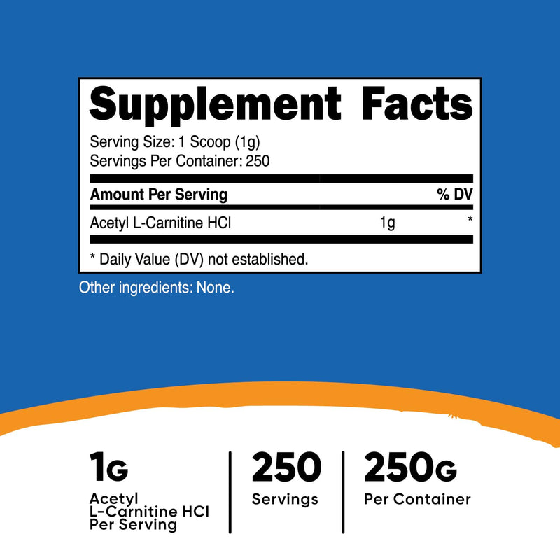 Nutricost Acetyl L-Carnitine (ALCAR) 250 Grams Powder - 1G Per Serving - 250 Servings No Flavor Added 250 Servings (Pack of 1)