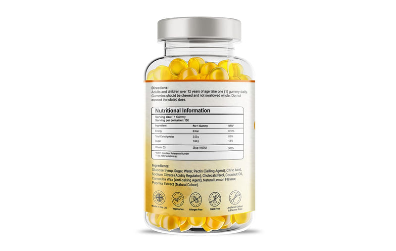 Vitamin D3 1000iu Gummies - 150 Natural Lemon Flavour Gummies for Teens & Adults - 5 Months Supply - Support Immune Function and Help Maintain Bones and Teeth Helps in Calcium Absorption