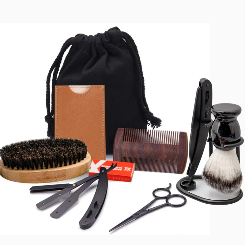 [Australia] - Shaving & Grooming Kit for Men, Danweix Beard Kit Brush Comb Scissors with Storage Bag Shaving Razor Brush with Stand holder 10pcs Refill Blades Great for Grooming Beards and Mustaches 