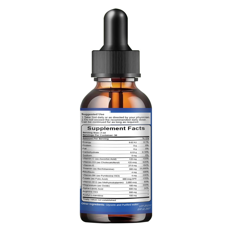 Alpha Lipoic Acid 600mg Liquid Drops for Neuropathy, Advanced 12-in-1 Stabilized R-ALA Supplement w. Benfotiamine Acetyl L-Carnitine Vitamin C E for Antioxidant Nerve Brain Energy Health