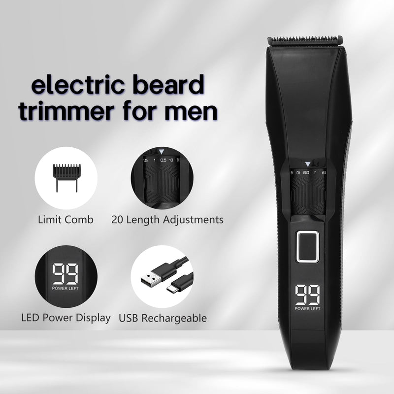 [Australia] - Men's Beard Trimmer, 20 Length Adjustable, IPX7 Waterproof Cordless Hair Clipper, Stainless Steel T-Blade for Precision Facial Hair Trimming for Men, LED Display(Black) Black 