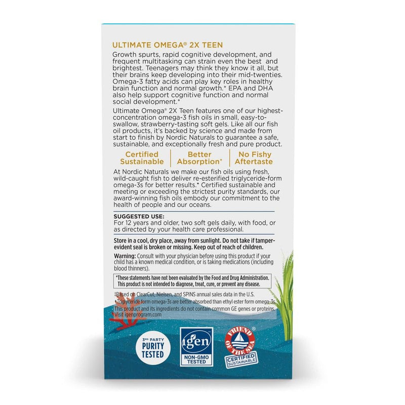 [Australia] - Nordic Naturals Ultimate Omega 2X Teen, Strawberry - 60 Mini Soft Gels - 1120 mg Total Omega-3s with EPA & DHA - Brain Health, Positive Mood, Social Development, Learning - Non-GMO - 30 Servings 