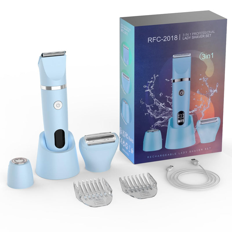 [Australia] - 3-in-1 Electric Razor IPX7 Waterproof Bikini Trimmer Wet & Dry Use Painless Personal Trimmer Groomer for Ladies Face Body Legs Bikini Public Hairs Electric Lady Shaver with Replaceable Heads 