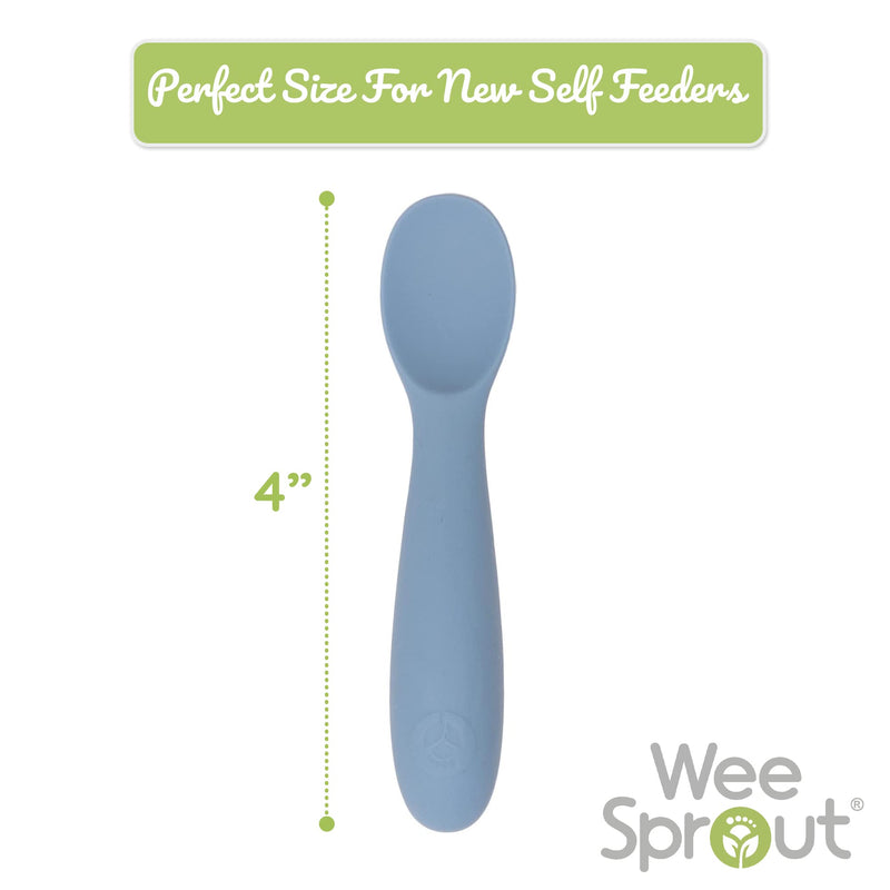 WeeSprout Baby Spoons for Self Feeding 6 Months +, Soft & Chew Proof Durable Silicone Utensils for Sensitive Gums & Teeth, Easy Grip Handles & Shorter Length for Little Hands, 3 Pack + Carrying Case Matte Dark Gray, Matte Blue, Matte Green