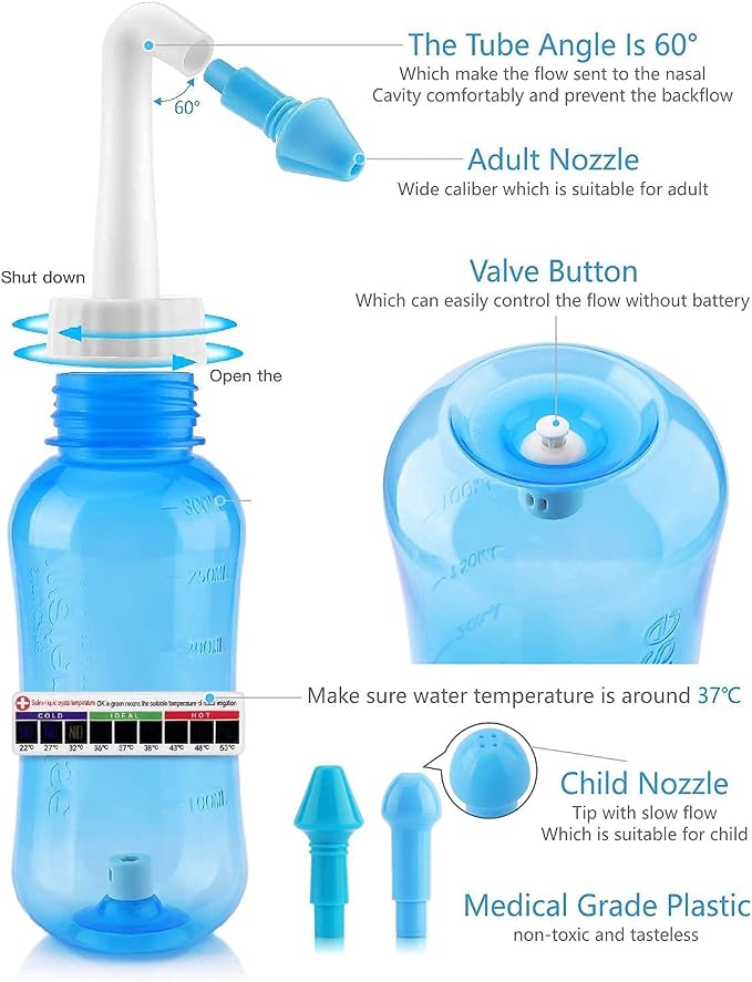 Neti Pot,Sinus Rinse Kit,Neti Pot Sinus Rinse,300ml Neti Pot Sinus Rinse Kit with 60 Packets Nasal Wash Salt and Thermometer Sticker, Nasal Sinus Rinse Kit for Adult & Kid (300ml)