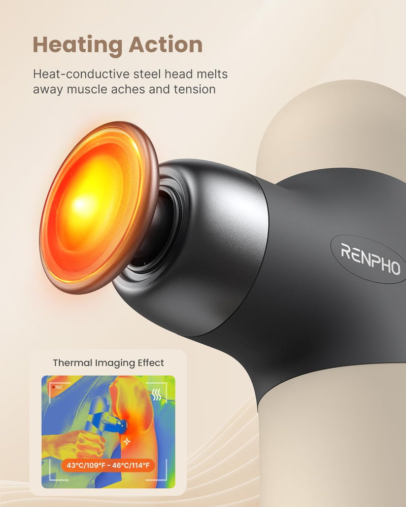 [Australia] - RENPHO Mini Thermal Massage Gun with Heat, Portable Deep Tissue Percussion Massager, Color Silicone Sleeves Travel Size with Carry Case, Grey 