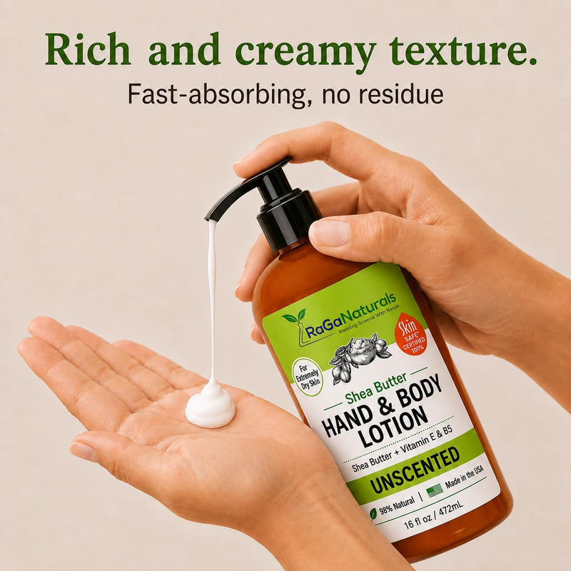 RaGaNaturals Unscented Shea Butter Lotion - for Extremely Dry Skin - Hand & Body Lotion - Hydrating Natural Non-Toxic Formula, Avocado Oil & Vitamin E, Fragrance Free - Women, Men, Kids & Baby - 16 Oz 16 Fl Oz (Pack of 1)