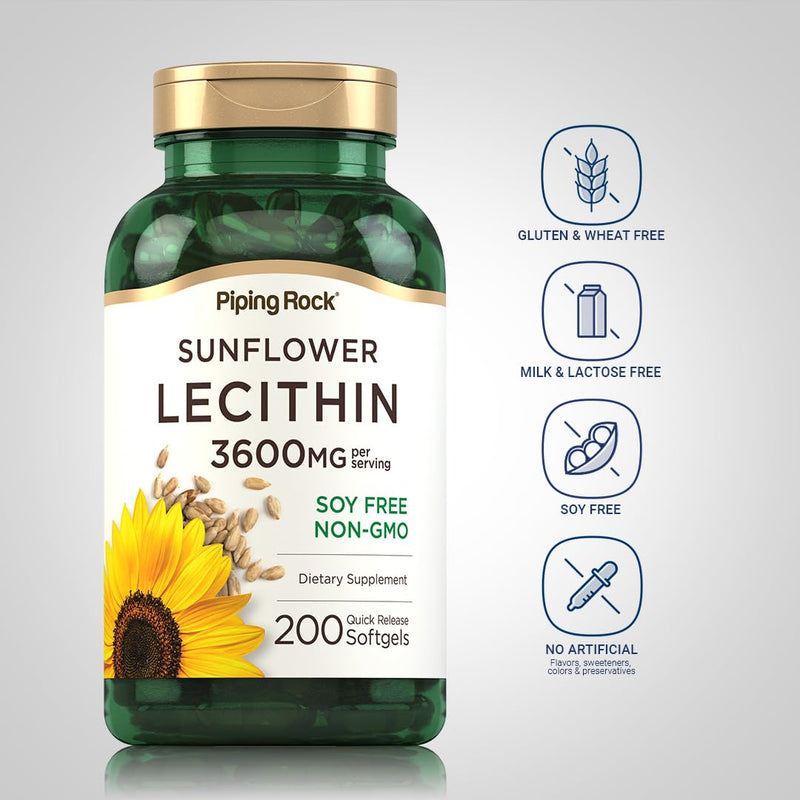 [Australia] - Piping Rock Sunflower Lecithin Softgel Capsules | 3600 mg | 200 Count | from Phosphatidylcholine | Soy Free, Non-GMO, Gluten Free 