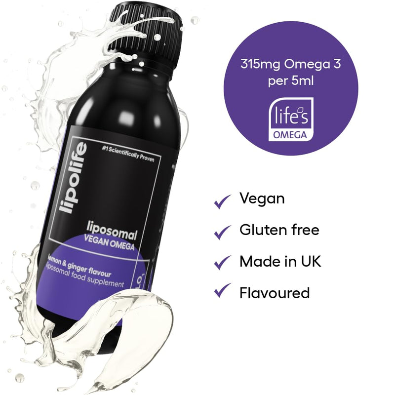 Liquid Vegan Omega 3 Liposomal Supplement. Lemon & Ginger Flavour. High DHA Ratio. Life's Omega for Brain, Heart and Immune Health. 30 Day Supply. lipolife 150 ml (Pack of 1)