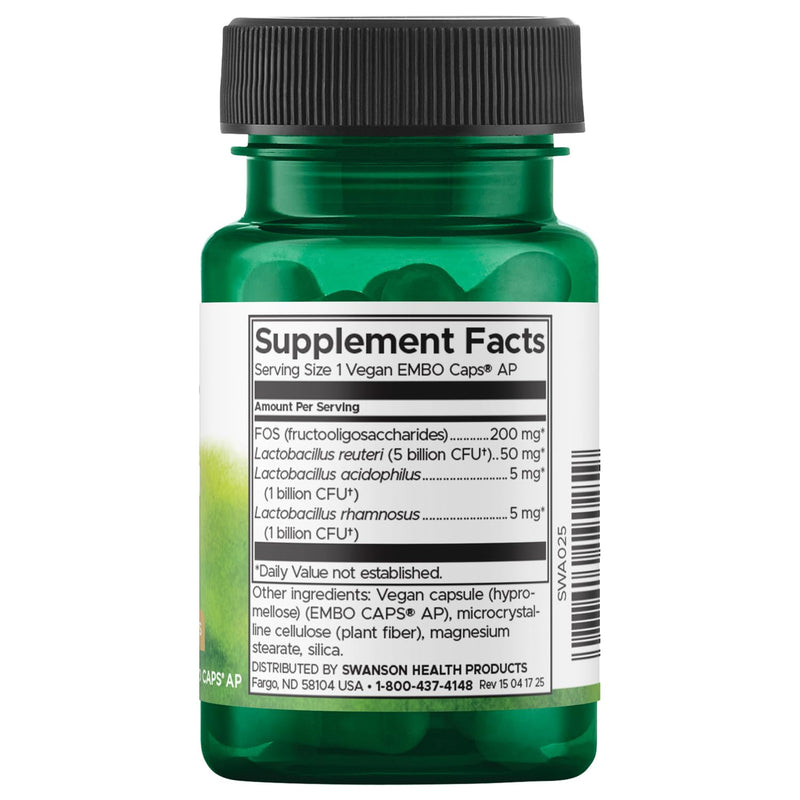 Swanson L. Reuteri Probiotic Plus, 7 Billion CFU, 30 Vegan Capsules | With Lactobacillus Rhamnosus, Acidophilus, and FOS Prebiotic for Gut-Health-Conscious Adults, Full-Spectrum Support 30 Count (Pack of 1)