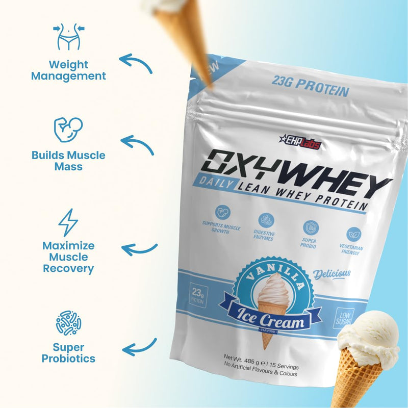 EHP Labs OxyWhey Lean Whey Protein Powder - 23g of Whey Isolate Protein, Meal Replacement Shake, Sugar Free Protein Powder - 15 Serves, Vanilla Ice Cream