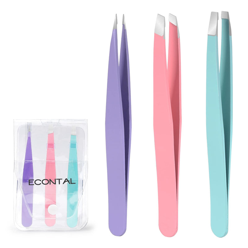 [Australia] - Econtal tweezers set with case for plucking eyebrows, straight slanted pointed tweezers, plucking tweezers, splinter tweezers, pointed tweezers, eyelash tweezers 