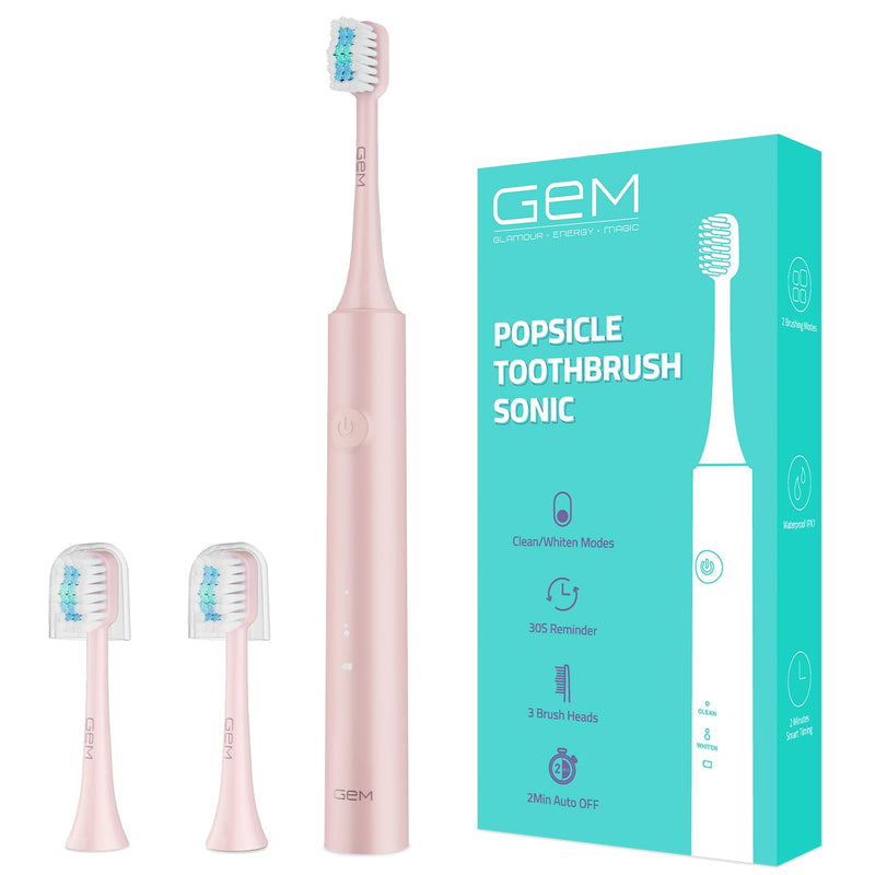 GEM GLAMOUR ENERGY MAGIC Sonic Electric Toothbrush for Adults and Kids 3 Heads Rechargeable Power Tooth Brush Travel Toothbrushes Gifts-Pink Pink
