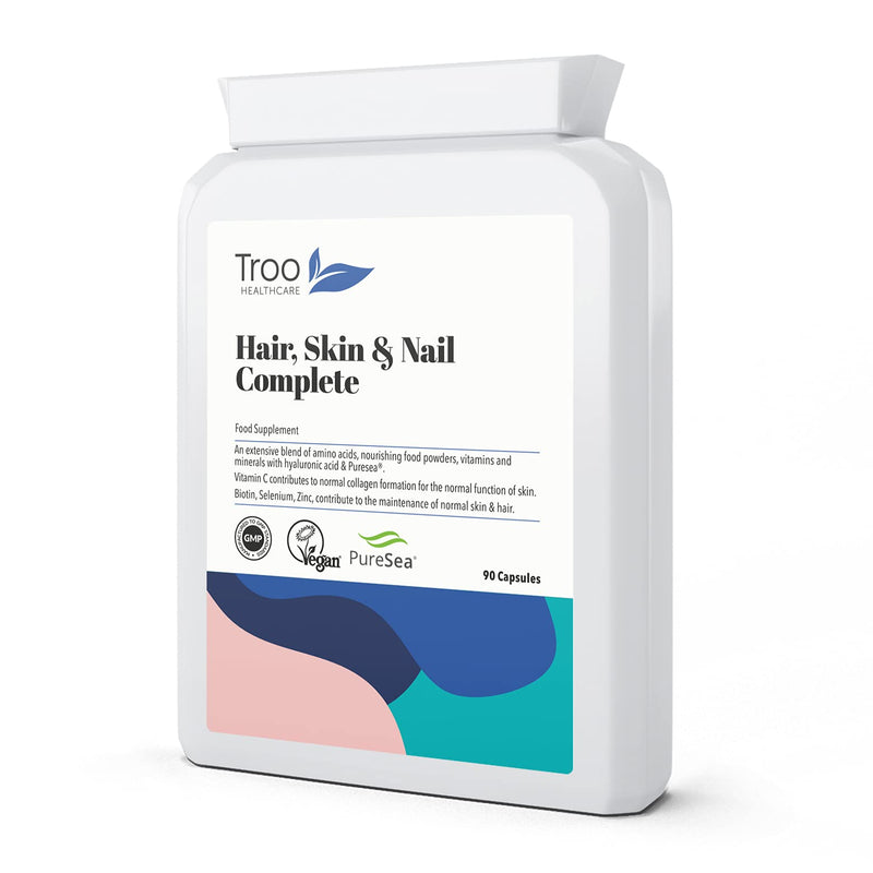 Troo Health Care Hair Skin and Nails Complete 90 Capsules - Premium Daily Supplement with Vegan Collagen Formation, Biotin, Coconut, Avocado, Hyaluronic Acid and Aminos - for Men & Women