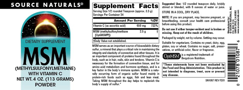 [Australia] - Source Naturals MSM (Methylsulfonylmethane) with Vitamin C - Powder, 4 Ounce 4 Ounce (Pack of 1) 
