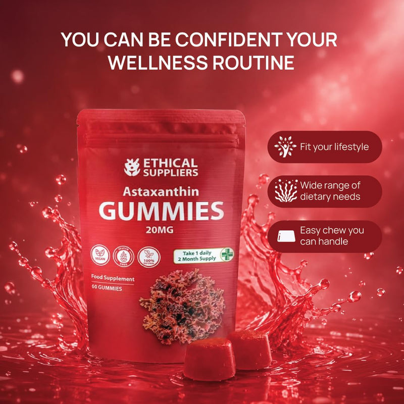 Astaxanthin Gummies - 60 Vegan Astaxanthin 20mg Gummies - 60 Day 2 Month Supply - Natural Antioxidant- Cranberry Flavour