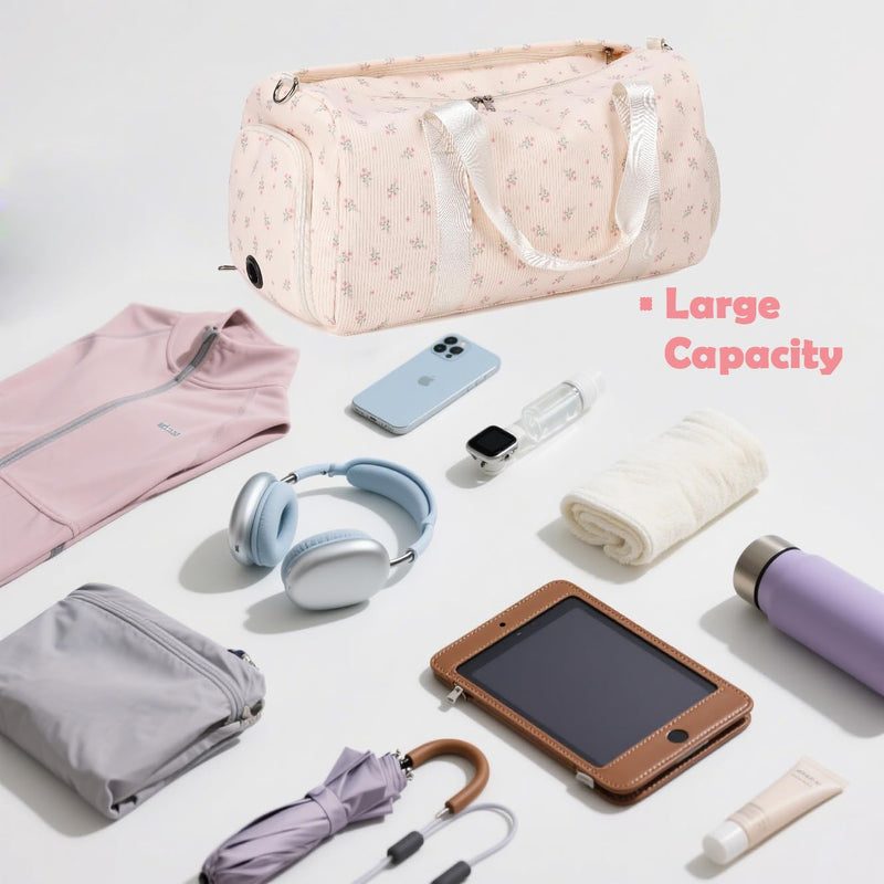 Kimwadalh Travel Duffle Bags with Wet & Shoe Compartments for Girls Women | Dry/Wet Pockets & Shoes Compartment Weekender Carry On Tote Sport Bags for Girls, Mommy Hospital Bag for Labor and Delivery Flower Pink