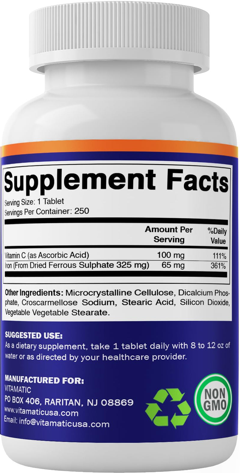 [Australia] - Vitamatic Ferrous Sulphate 325 mg + Vitamin C 100 mg - (65 mg Elemental Iron) High Potency Iron Supplement | No Artificial Color Additives - 250 Coated Tablets - Made in USA 