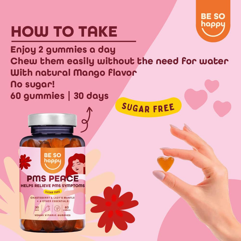 PMS Peace Gummies with Saffron and B Vitamins for Women, Vegan Formula for Premenstrual Support, 60 Gummies. BE SO HAPPY