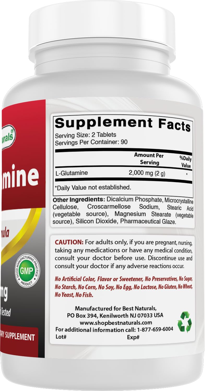 Best Naturals L-Glutamine 1000 mg 180 Tablets (180 Count (Pack of 3)) 180 Count (Pack of 3)