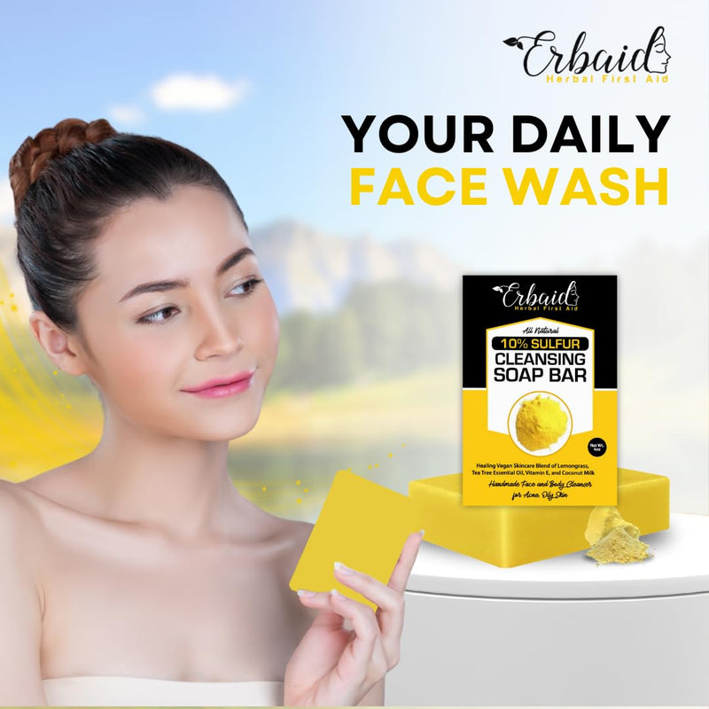 10% Sulfur Soap Cleansing Bar for Face & Body – All Natural Sulfur Facial Cleanser for Acne, Oily Skin – Skincare Blend of Lemongrass, Tea Tree Essential Oil, Vitamin E, Coconut Milk – Made in USA