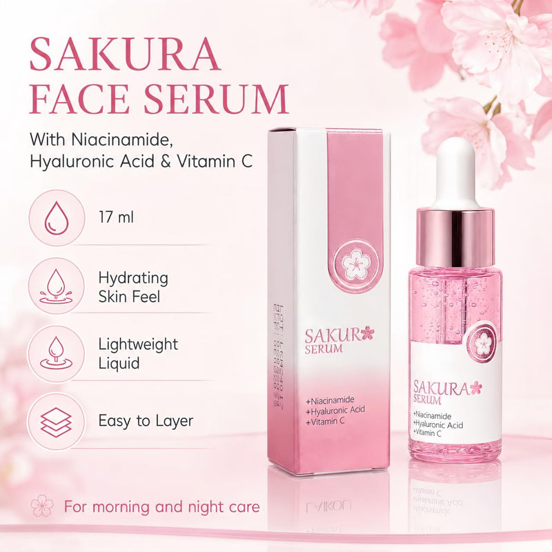 Sakura Face Serum 2 PCS, Hydrating Facial Serum with Niacinamide, Hyaluronic Acid and Vitamin C, Lightweight Moisturizing Serum for Face and Neck, Non-Greasy Daily Skin Care Drops, 2 x 17ml