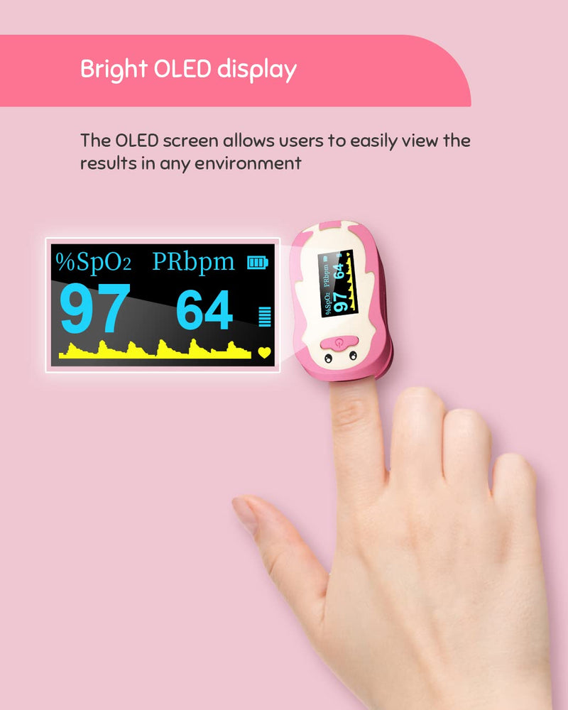 [Australia] - Pulse Oximeter for Kids, Vibeat Fingertip Blood Oxygen Meter with Smart Reminder for Children, Home Oximeter Finger with Pulse, Batteries & Lanyard Included, FSA/HSA Eligible, Pink 