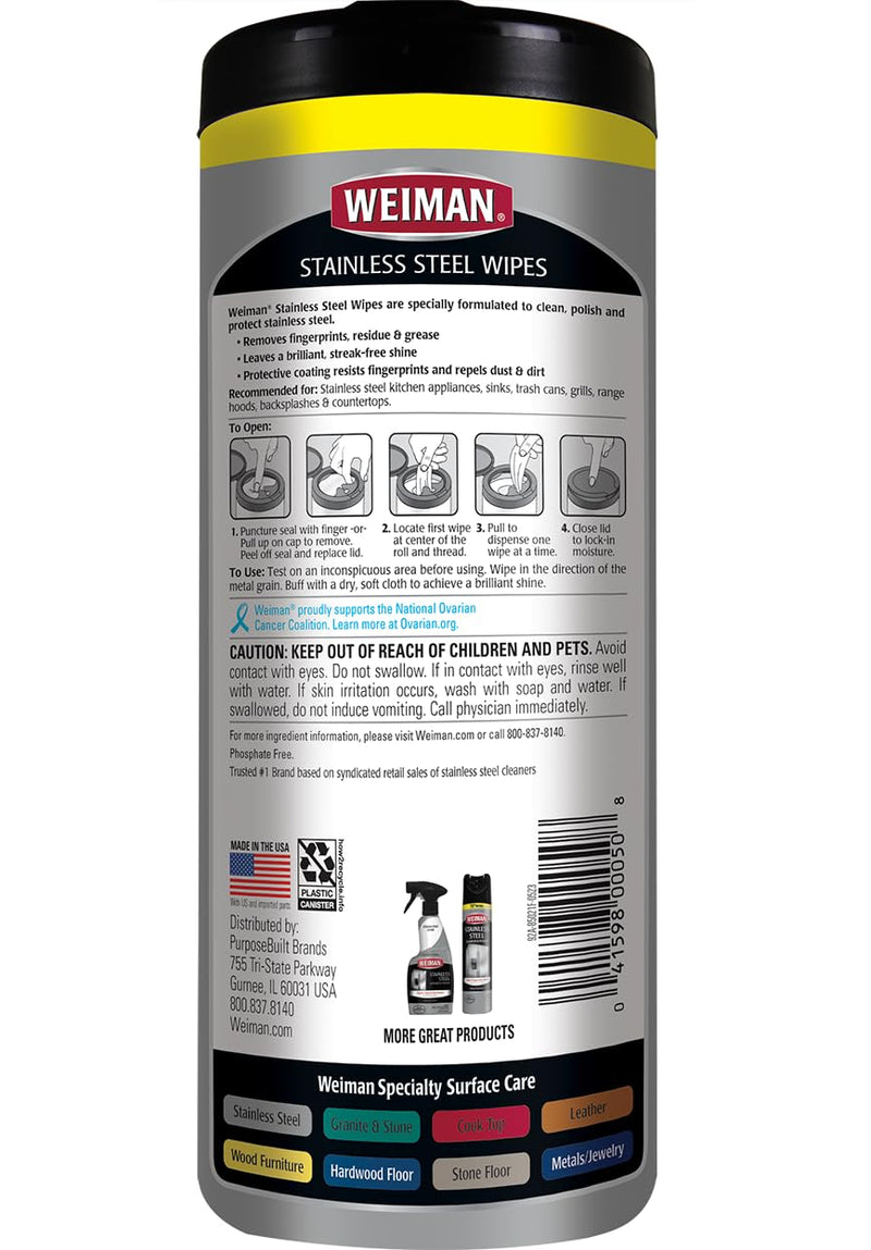 Weiman Stainless Steel Cleaner and Polish Wipes Bundle with Microfiber Cloth-Removes Fingerprints, Water Marks and Grease from Appliances - Works Great on Refrigerators, Ovens, and Grills 30 Count (Pack of 2)