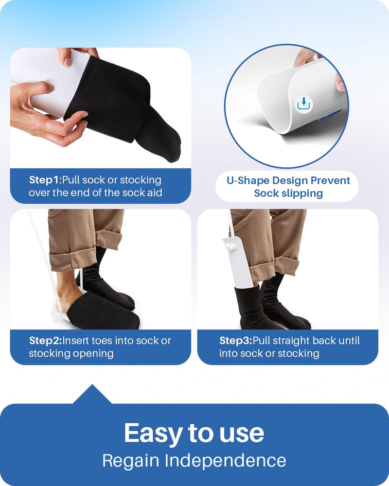 [Australia] - Jellas 4.6 Inch Wide Sock Aid Kit - Long Rope Assist Device for Seniors, Limited Mobility, Post-Surgery | No Bend Sock Helper & Remover | Easy On/Off Socks Tool (White) White 
