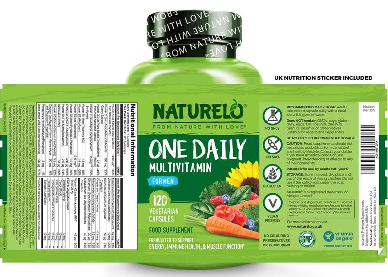 NATURELO Men’s Multivitamin Easy One a Day | 120 Vegan Capsules (4 Month Supply) | 29 Essential Vitamins, Minerals & Fruit & Veg Extracts, for Men’s Health, Energy and Performance 120 count (Pack of 1)